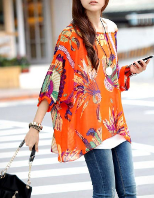 Load image into Gallery viewer, Womens Loose Fit Tropical Print Chiffon Tunic Top
