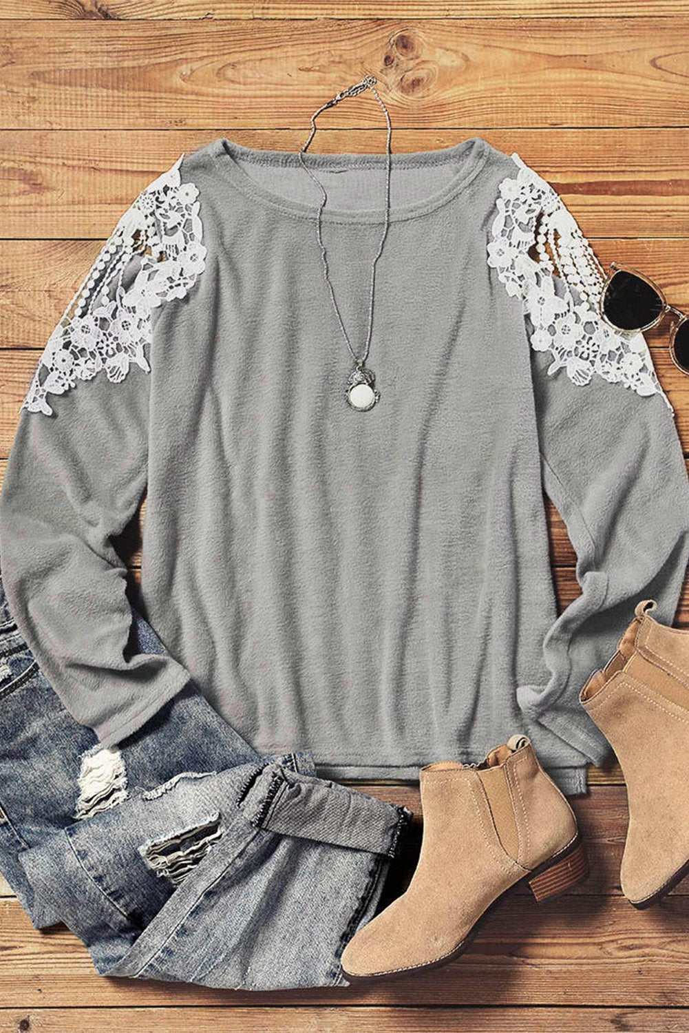 Lace Splicing Hollow Out Long Sleeve Blouse