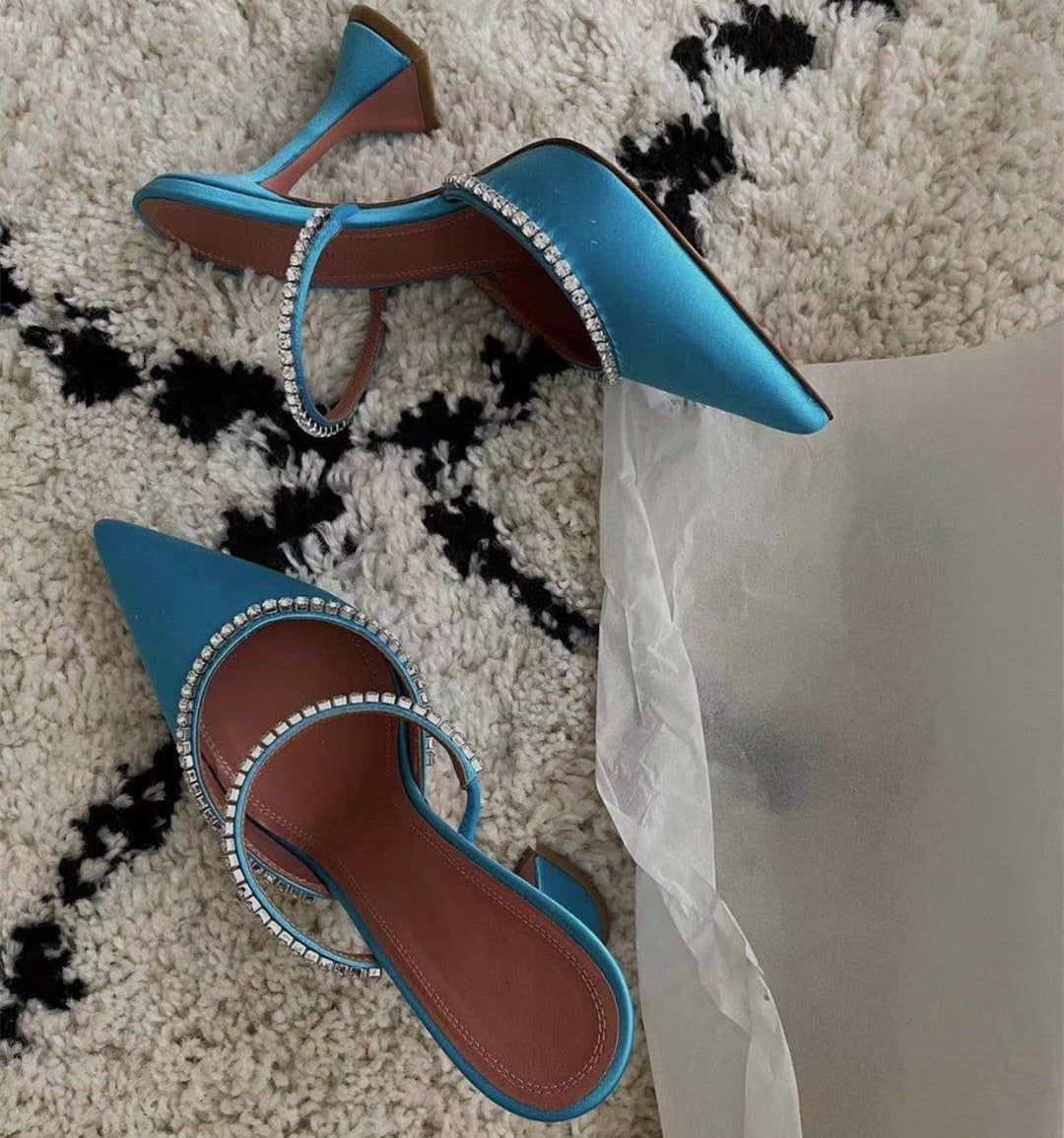 Rhinestones satin Women Pumps Slippers Elegant Pointed toe High heels