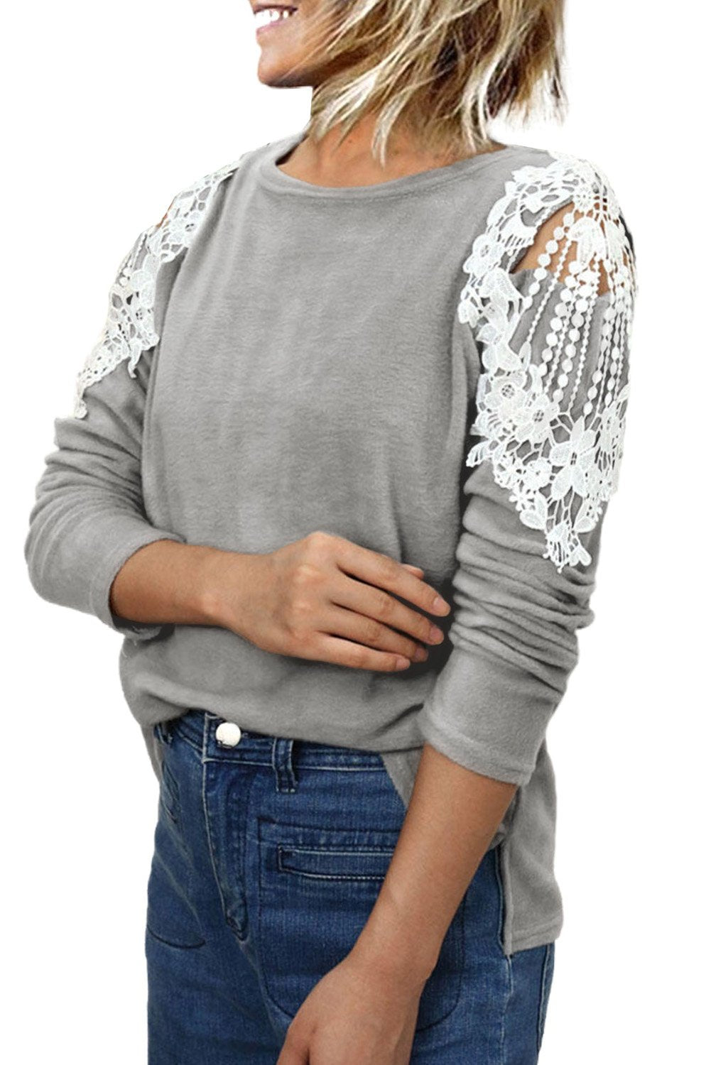 Lace Splicing Hollow Out Long Sleeve Blouse