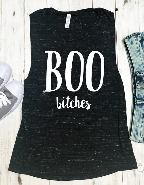 Load image into Gallery viewer, BOO B*tches Halloween Black Marble Muscle Tank Top
