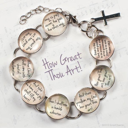 Load image into Gallery viewer, How Great Thou Art Hymn &amp; Scripture Glass Charm Bracelet – Stainless
