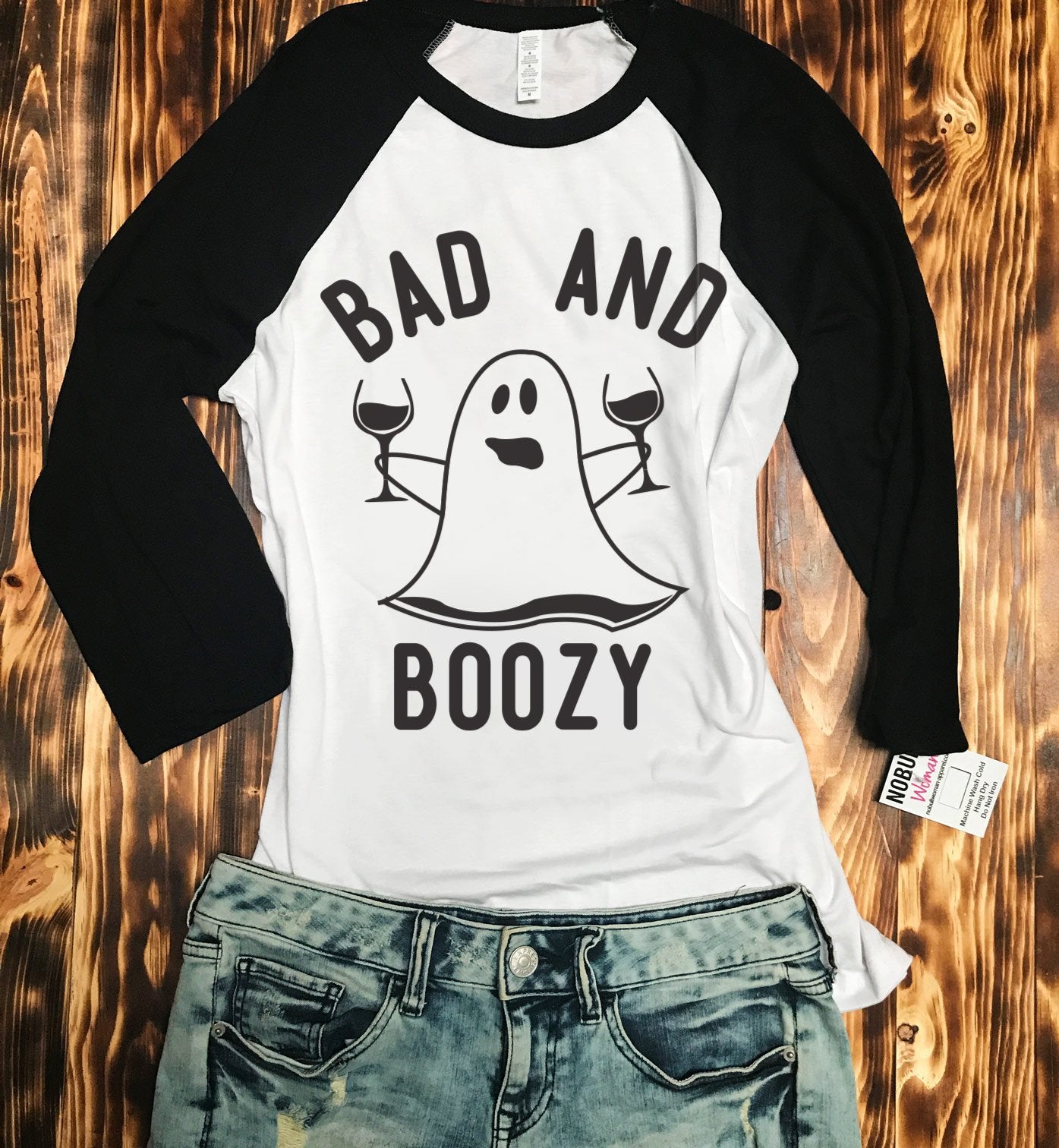 BAD & BOOZY Ghost Glasses Halloween Baseball Tee -