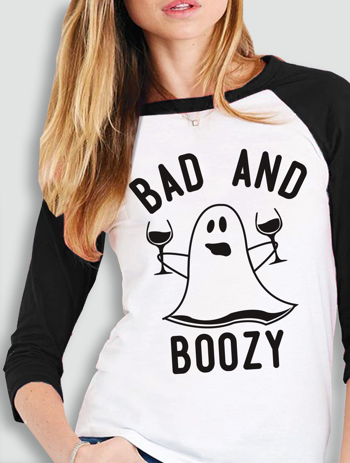 BAD & BOOZY Ghost Glasses Halloween Baseball Tee -