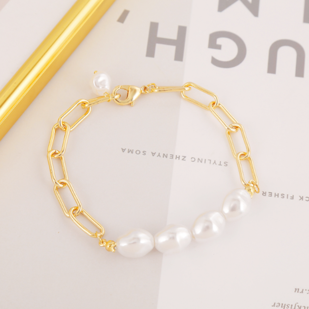 Womens Link Bracelet with Faux Pearl Beads