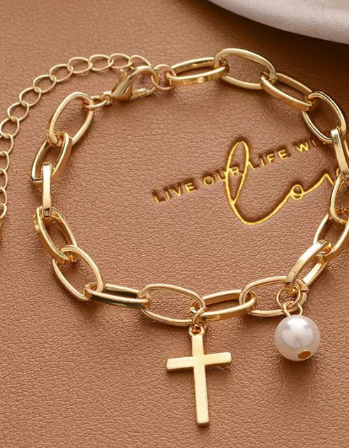 Load image into Gallery viewer, Womens Oval Link Bracelet With Cross Charm and Faux Pearl
