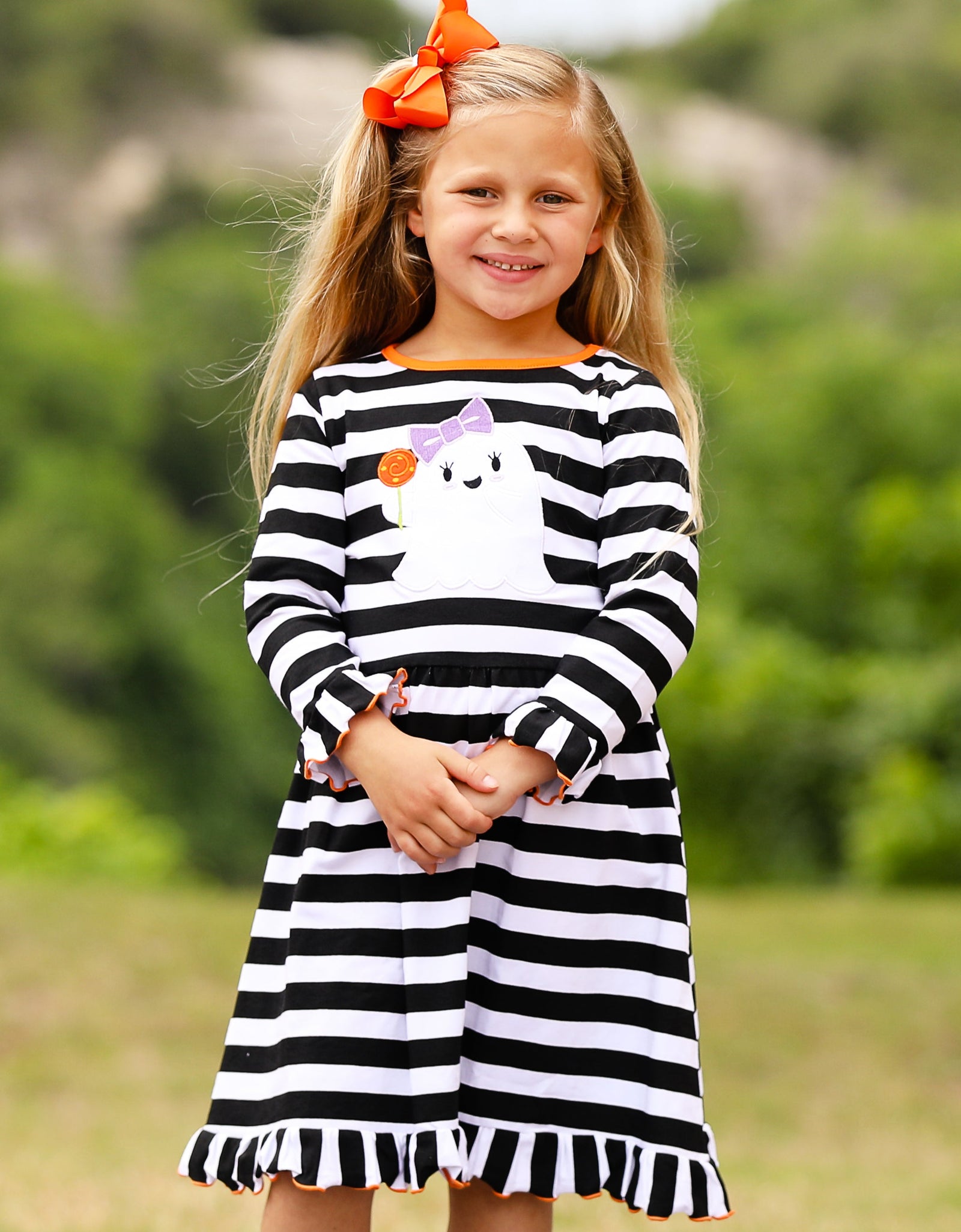 AnnLoren Girls Boutique Friendly Ghost Striped Halloween Cotton Dress