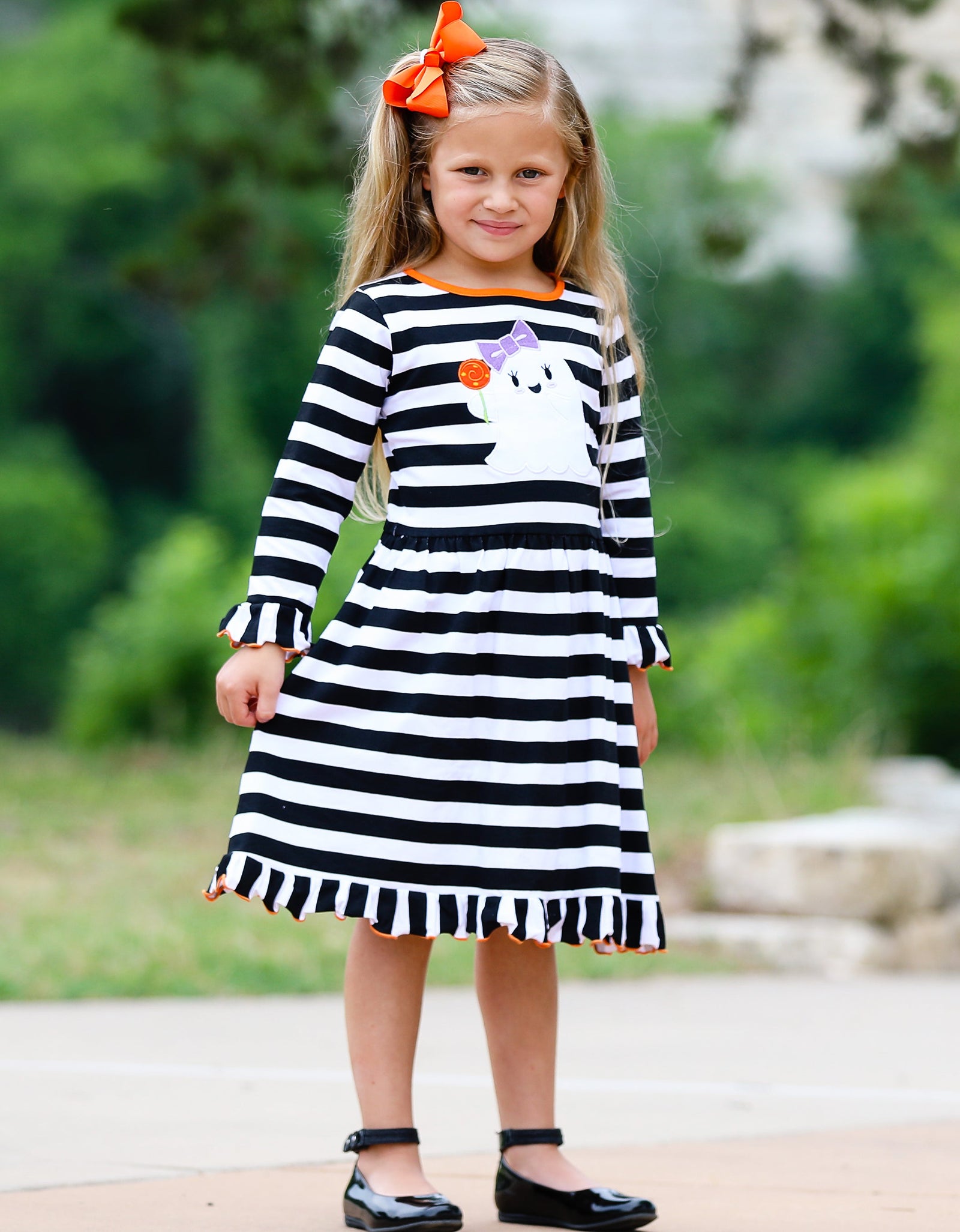 AnnLoren Girls Boutique Friendly Ghost Striped Halloween Cotton Dress