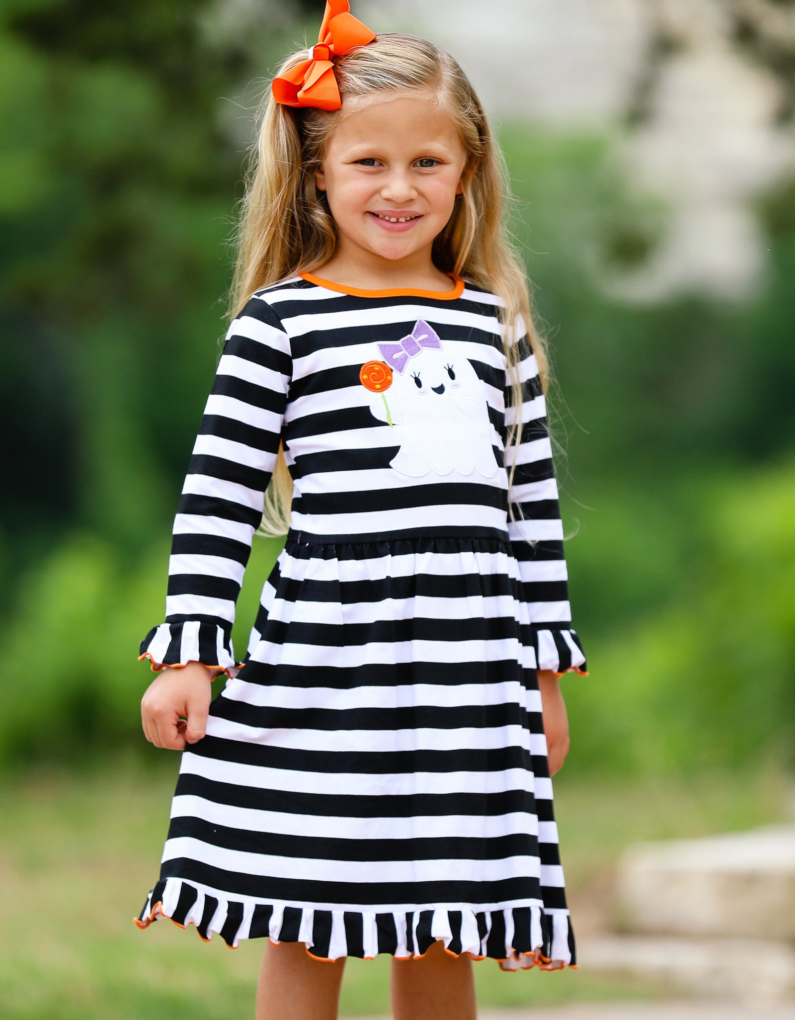 AnnLoren Girls Boutique Friendly Ghost Striped Halloween Cotton Dress