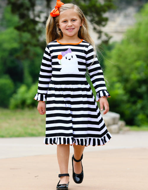 Load image into Gallery viewer, AnnLoren Girls Boutique Friendly Ghost Striped Halloween Cotton Dress
