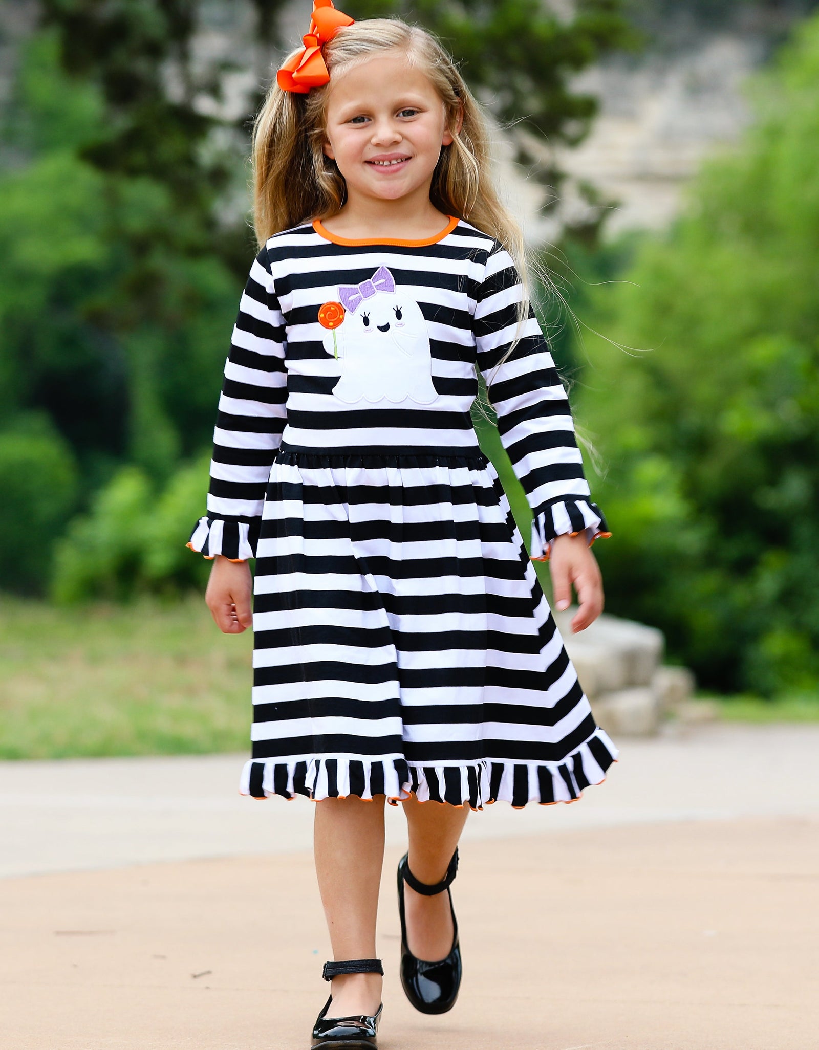 AnnLoren Girls Boutique Friendly Ghost Striped Halloween Cotton Dress