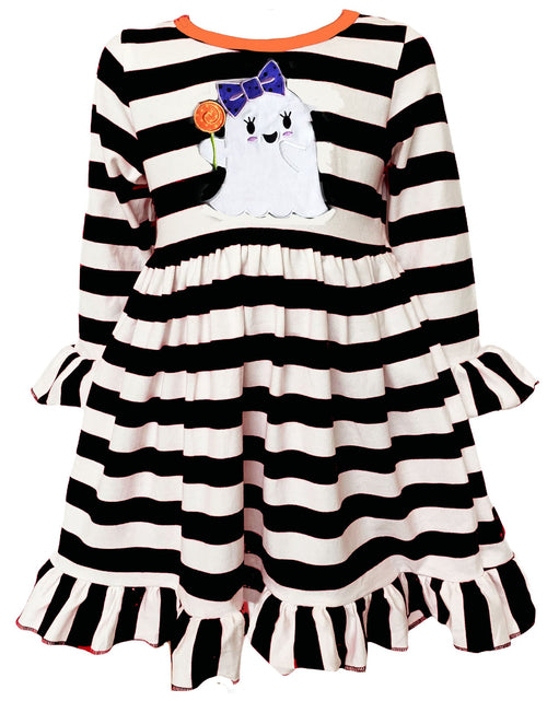 Load image into Gallery viewer, AnnLoren Girls Boutique Friendly Ghost Striped Halloween Cotton Dress
