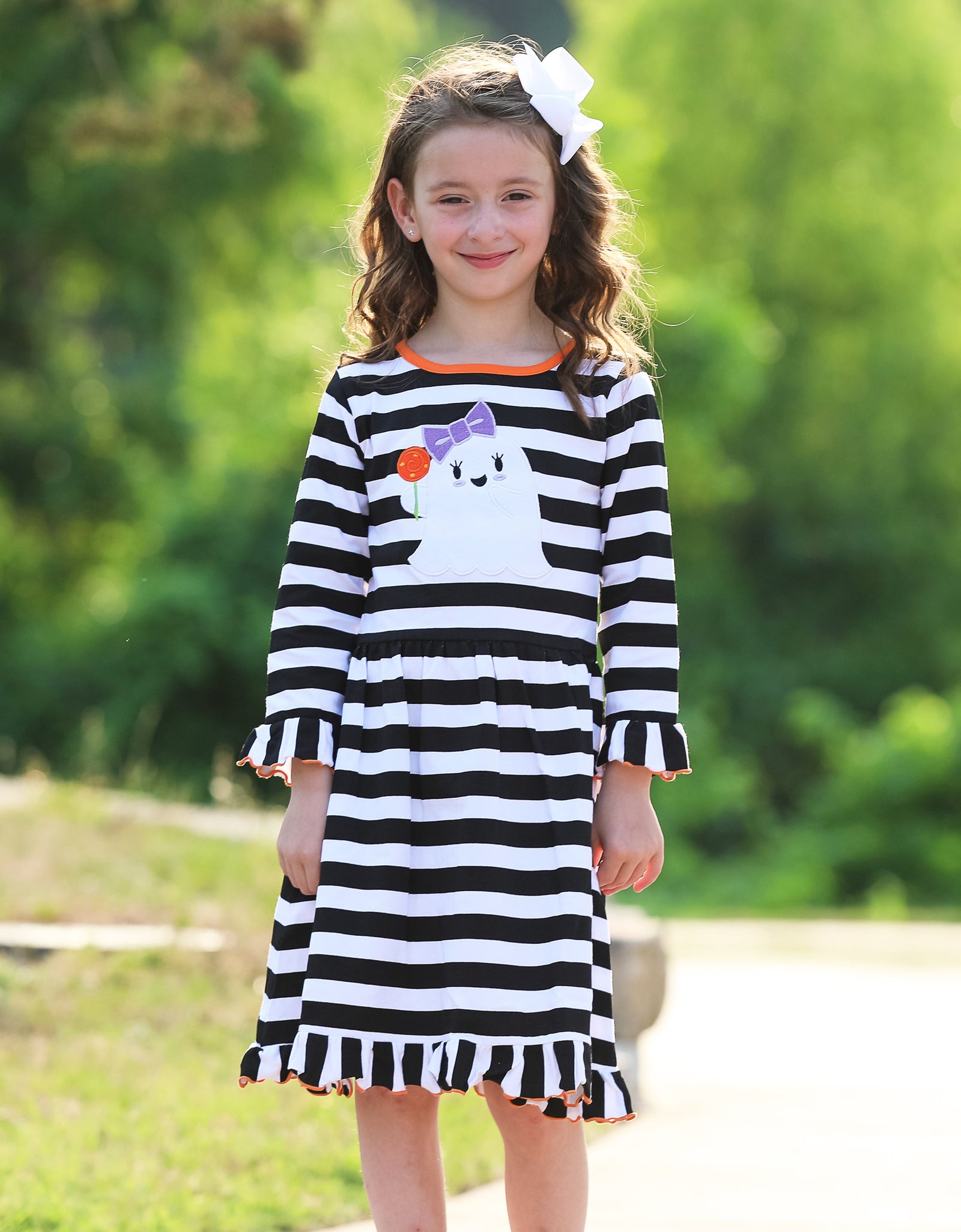 AnnLoren Girls Boutique Friendly Ghost Striped Halloween Cotton Dress