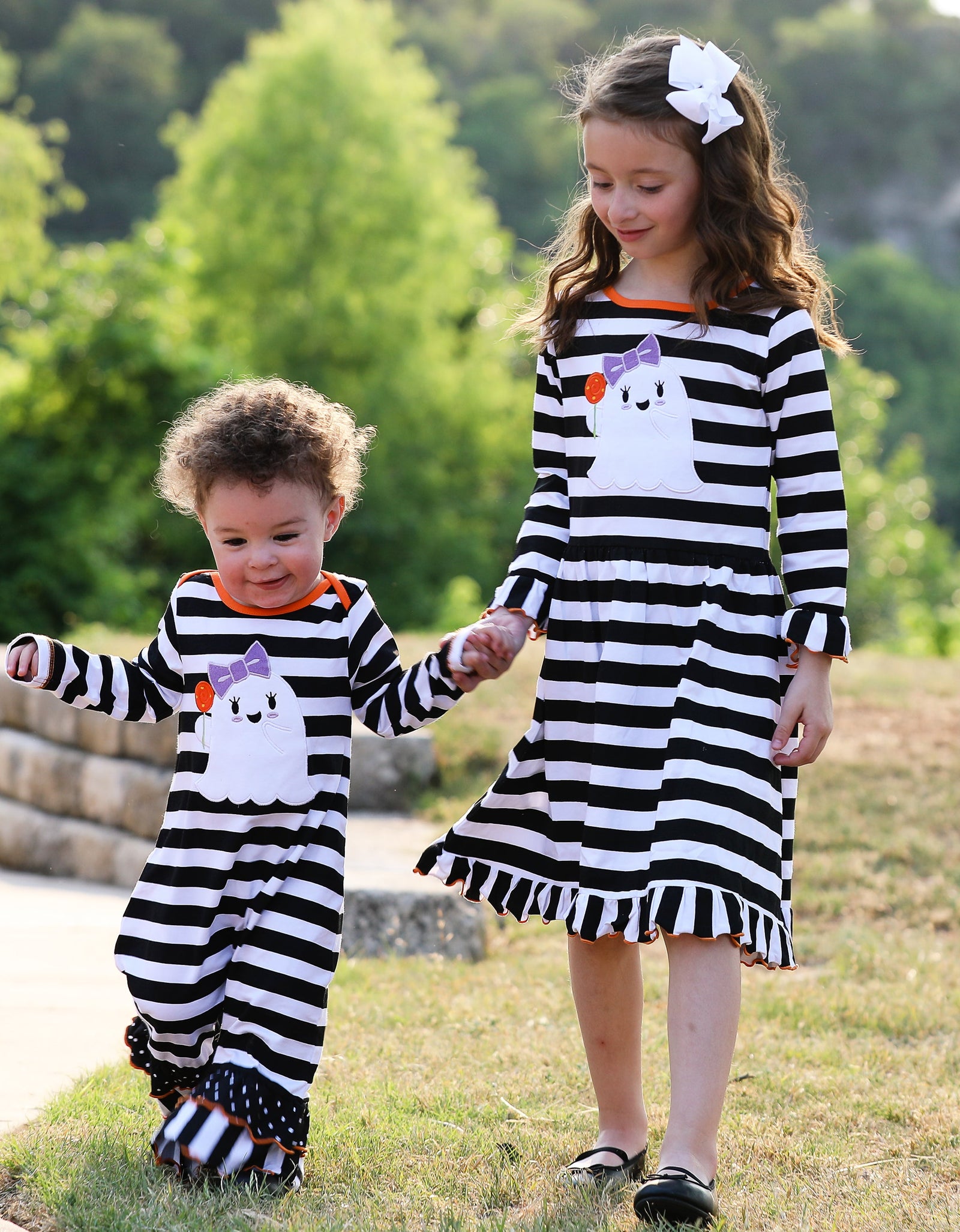 AnnLoren Girls Boutique Friendly Ghost Striped Halloween Cotton Dress