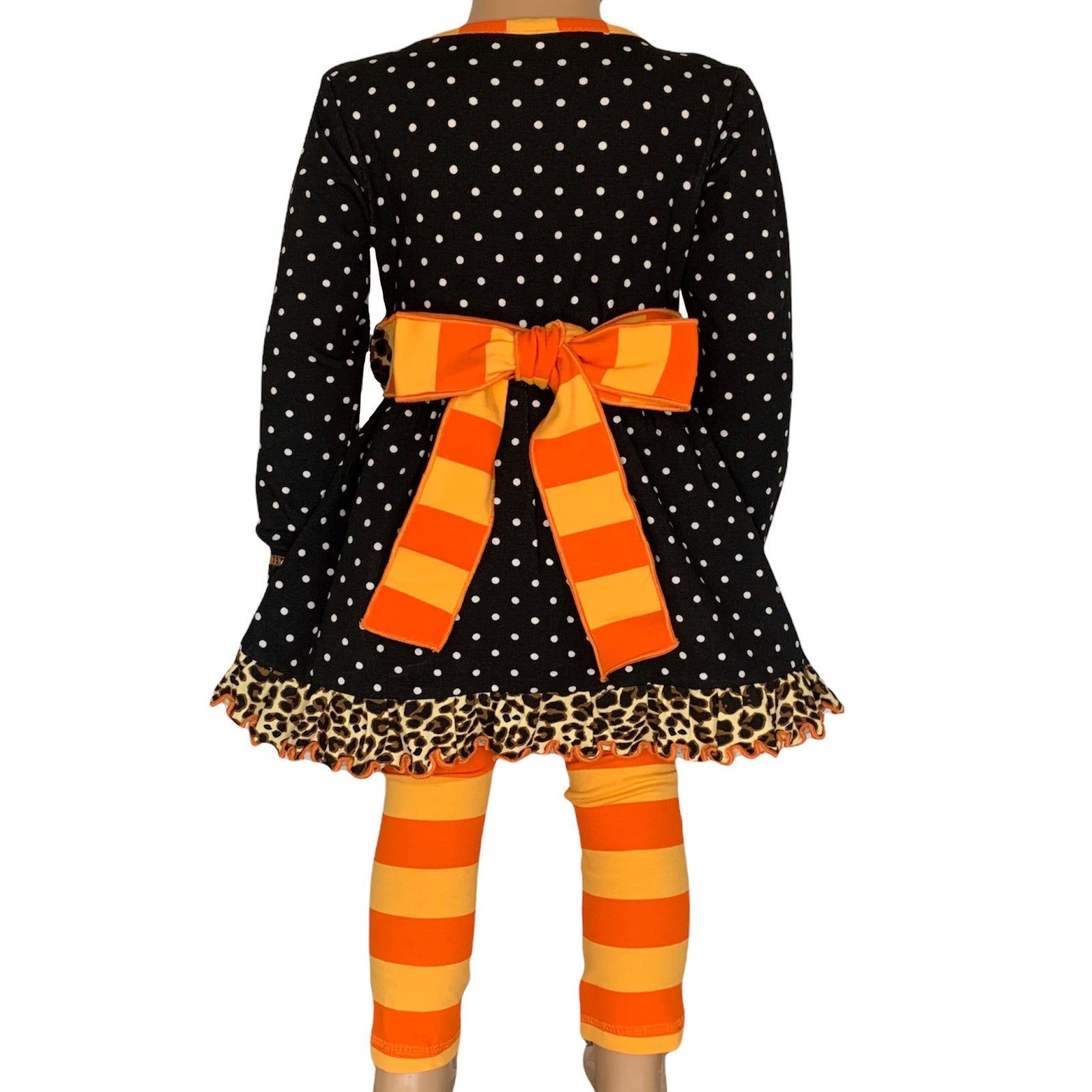 AnnLoren Girls' Halloween Orange Pumpkin Polka Dot Dress & Leggings