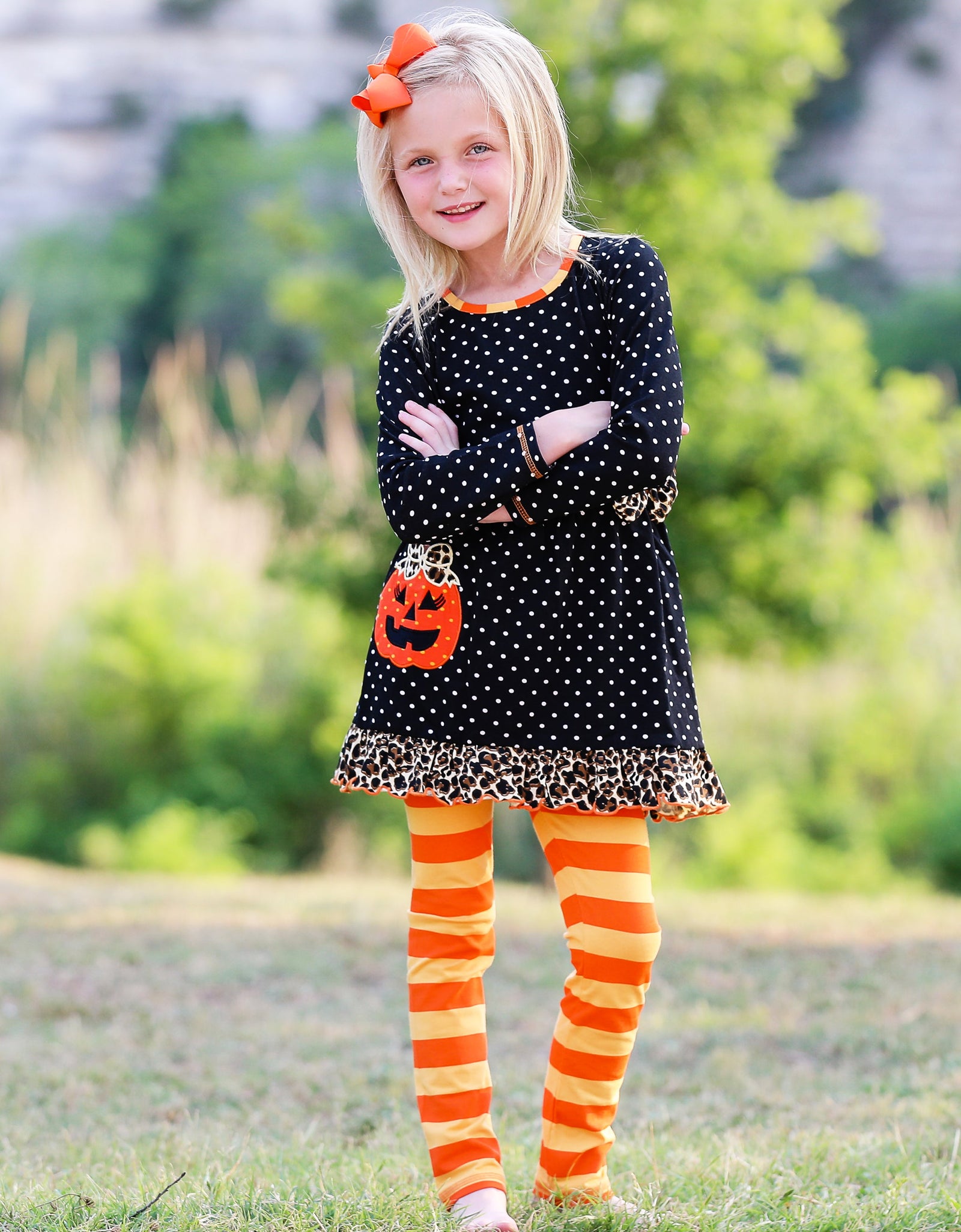 AnnLoren Girls' Halloween Orange Pumpkin Polka Dot Dress & Leggings