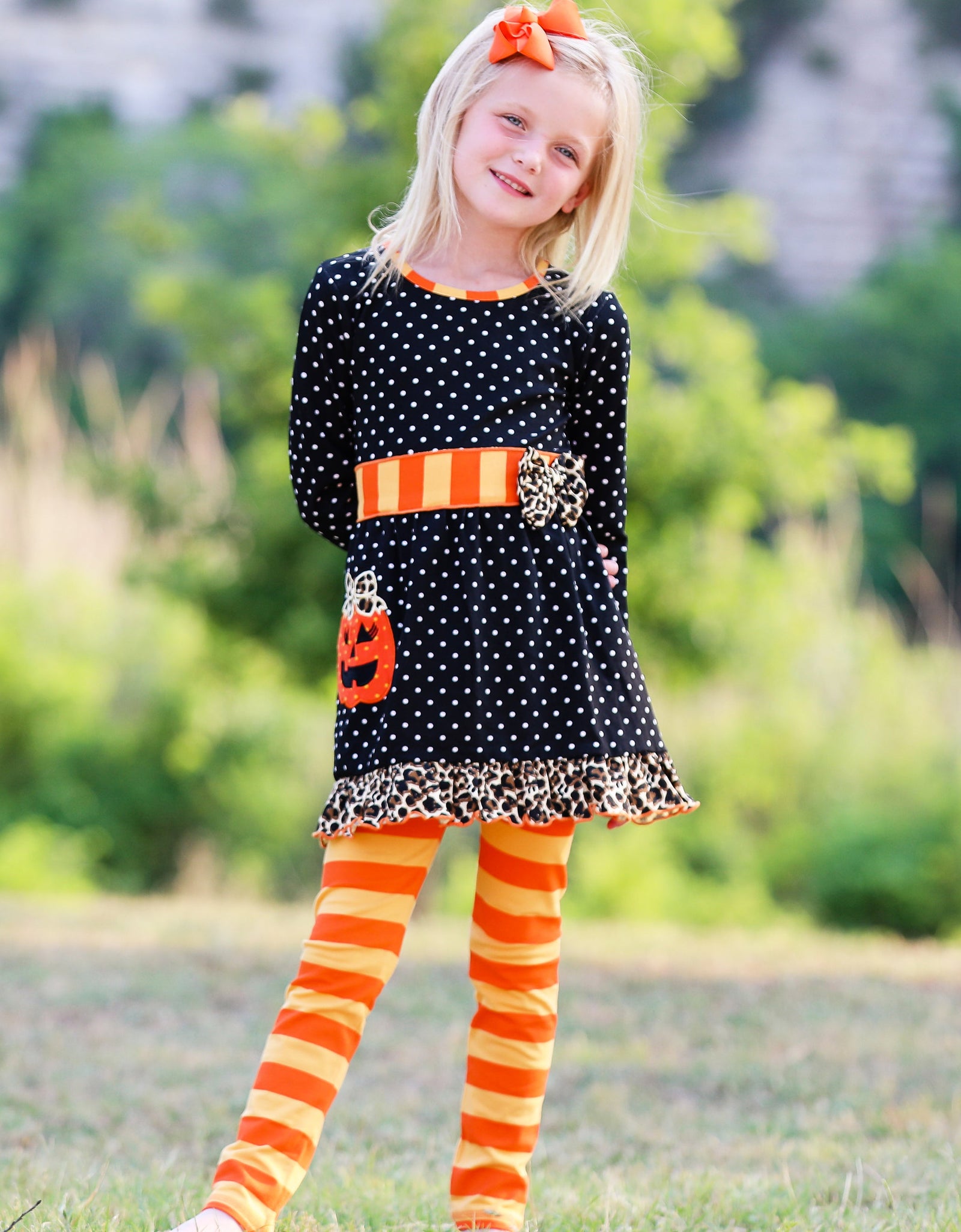 AnnLoren Girls' Halloween Orange Pumpkin Polka Dot Dress & Leggings