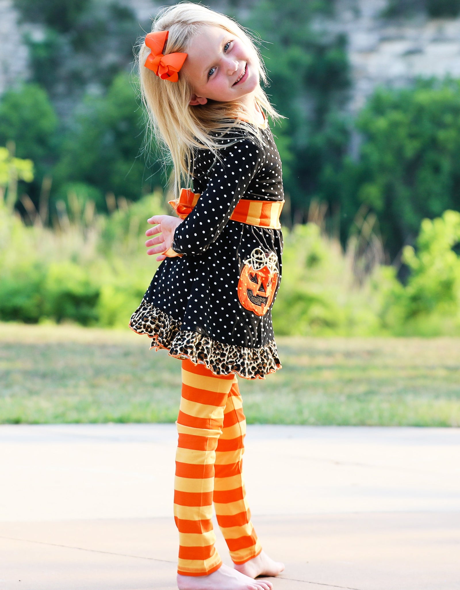 AnnLoren Girls' Halloween Orange Pumpkin Polka Dot Dress & Leggings