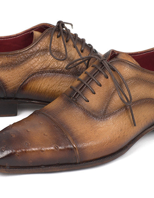 Load image into Gallery viewer, Paul Parkman Men&#39;s Genuine Ostrich Captoe Oxfords Camel Color
