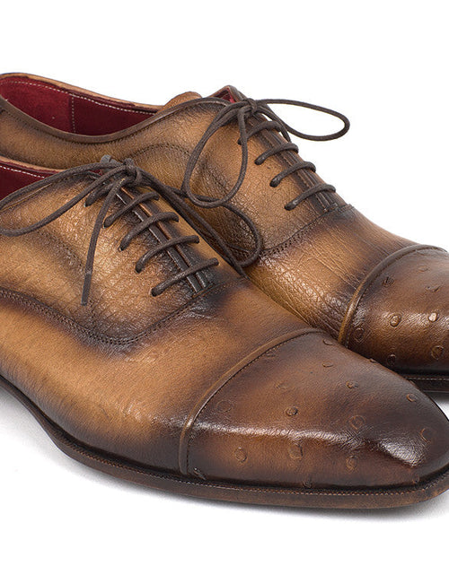 Load image into Gallery viewer, Paul Parkman Men&#39;s Genuine Ostrich Captoe Oxfords Camel Color
