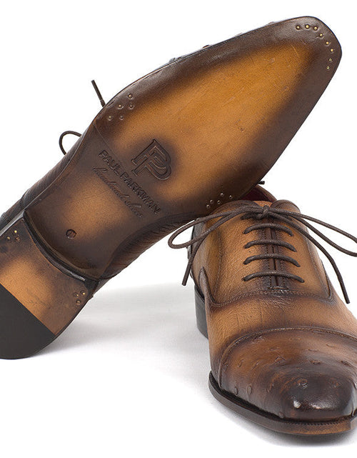 Load image into Gallery viewer, Paul Parkman Men&#39;s Genuine Ostrich Captoe Oxfords Camel Color
