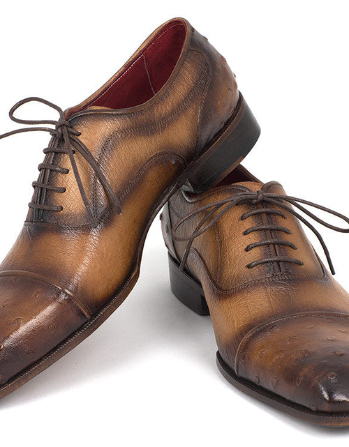 Load image into Gallery viewer, Paul Parkman Men&#39;s Genuine Ostrich Captoe Oxfords Camel Color
