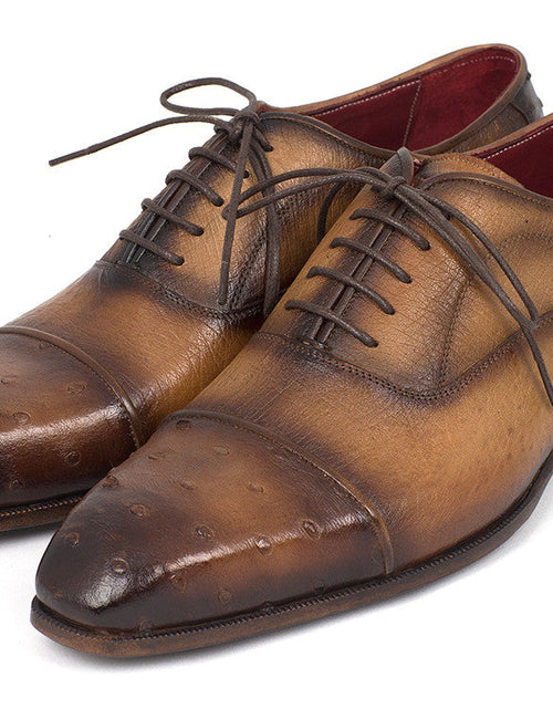 Load image into Gallery viewer, Paul Parkman Men&#39;s Genuine Ostrich Captoe Oxfords Camel Color
