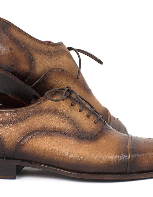 Load image into Gallery viewer, Paul Parkman Men&#39;s Genuine Ostrich Captoe Oxfords Camel Color
