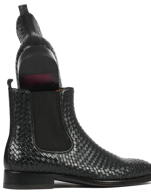 Load image into Gallery viewer, Paul Parkman Black Woven Leather Chelsea Boots (ID#92WN87-BLK)
