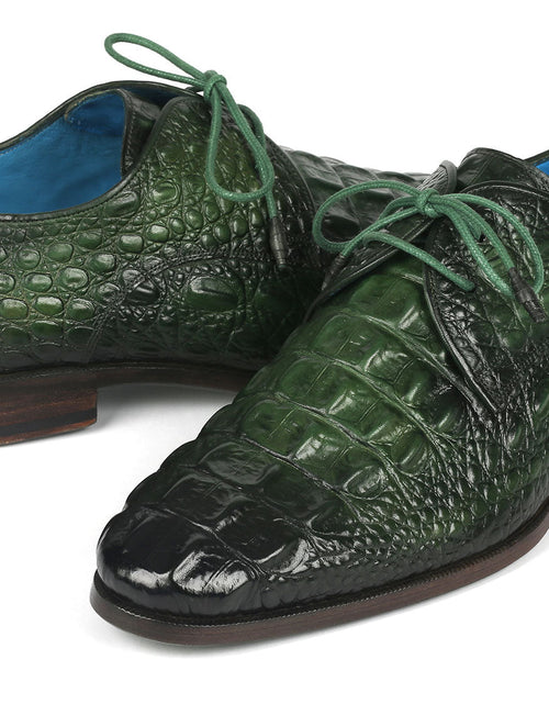 Load image into Gallery viewer, Paul Parkman Men&#39;s Green Croco Textured Leather Derby Shoes
