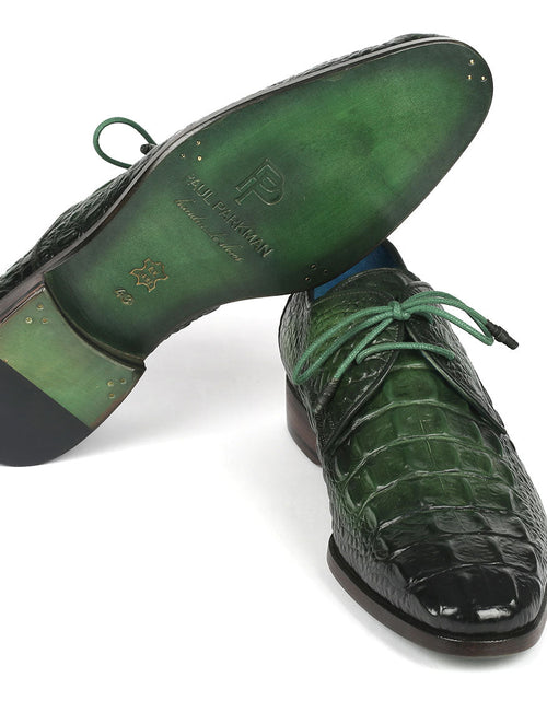 Load image into Gallery viewer, Paul Parkman Men&#39;s Green Croco Textured Leather Derby Shoes
