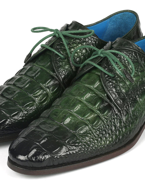 Load image into Gallery viewer, Paul Parkman Men&#39;s Green Croco Textured Leather Derby Shoes
