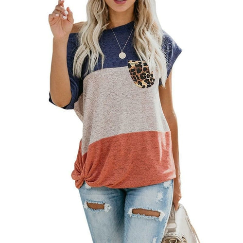 Loose Patchwork Color Short Sleeve Women Tops