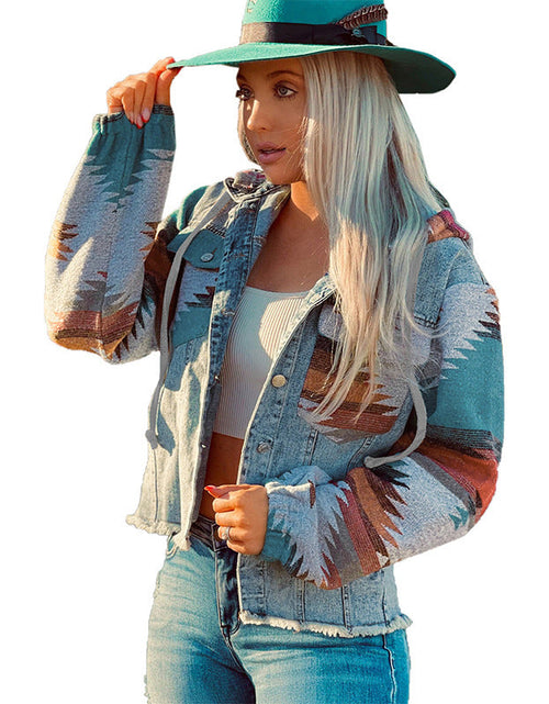 Load image into Gallery viewer, Blue Denim Jacket Women Long Sleeve Hooded Bohemian Style Jacket
