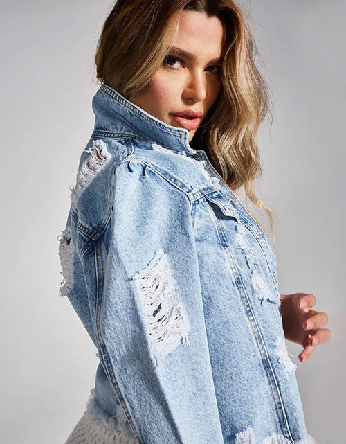 Load image into Gallery viewer, Fashionable Women&#39;s Denim Jacket with Distressed Details
