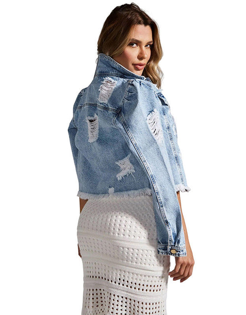 Load image into Gallery viewer, Fashionable Women&#39;s Denim Jacket with Distressed Details
