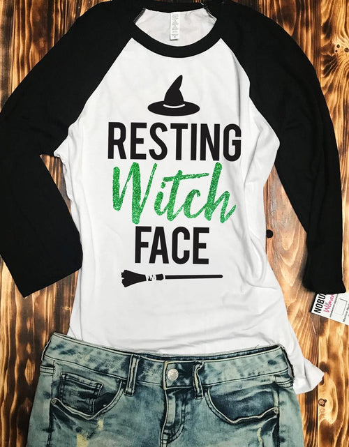 Load image into Gallery viewer, RESTING WITCH FACE Halloween Baseball Tee Green Glitter Print
