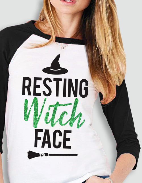 Load image into Gallery viewer, RESTING WITCH FACE Halloween Baseball Tee Green Glitter Print
