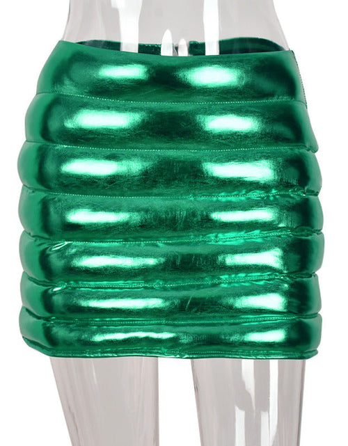 Load image into Gallery viewer, Green Women&#39;s Puffer Skirt Metallic Shiny Warm Quilted Mini A-line
