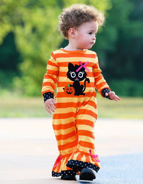 Load image into Gallery viewer, AnnLoren Baby Girls Halloween Sweet Black Cat Orange Cotton Romper
