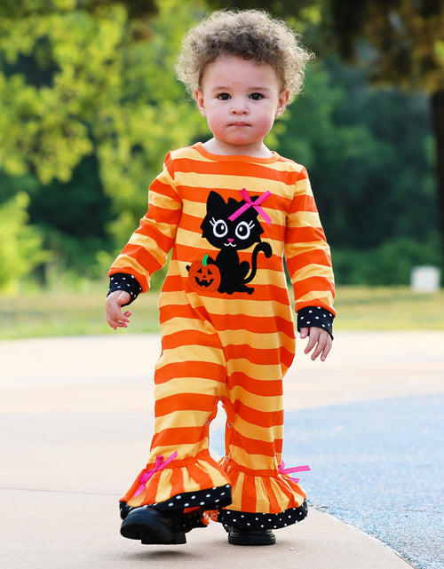 Load image into Gallery viewer, AnnLoren Baby Girls Halloween Sweet Black Cat Orange Cotton Romper
