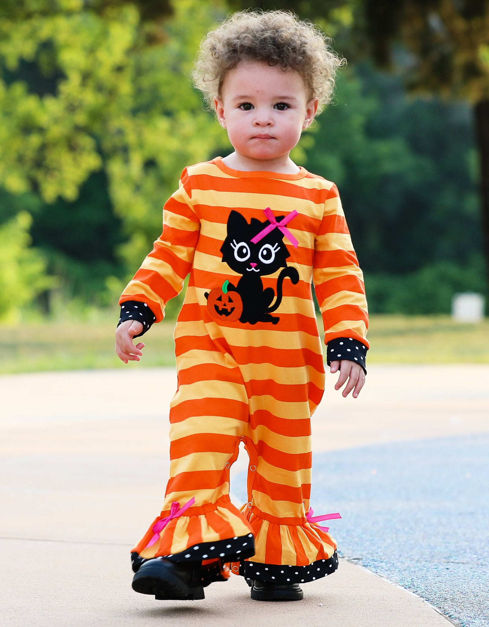 AnnLoren Baby Girls Halloween Sweet Black Cat Orange Cotton Romper