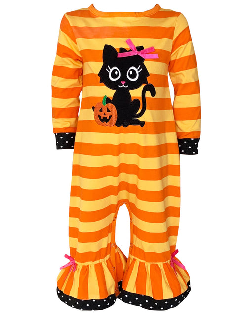 Load image into Gallery viewer, AnnLoren Baby Girls Halloween Sweet Black Cat Orange Cotton Romper
