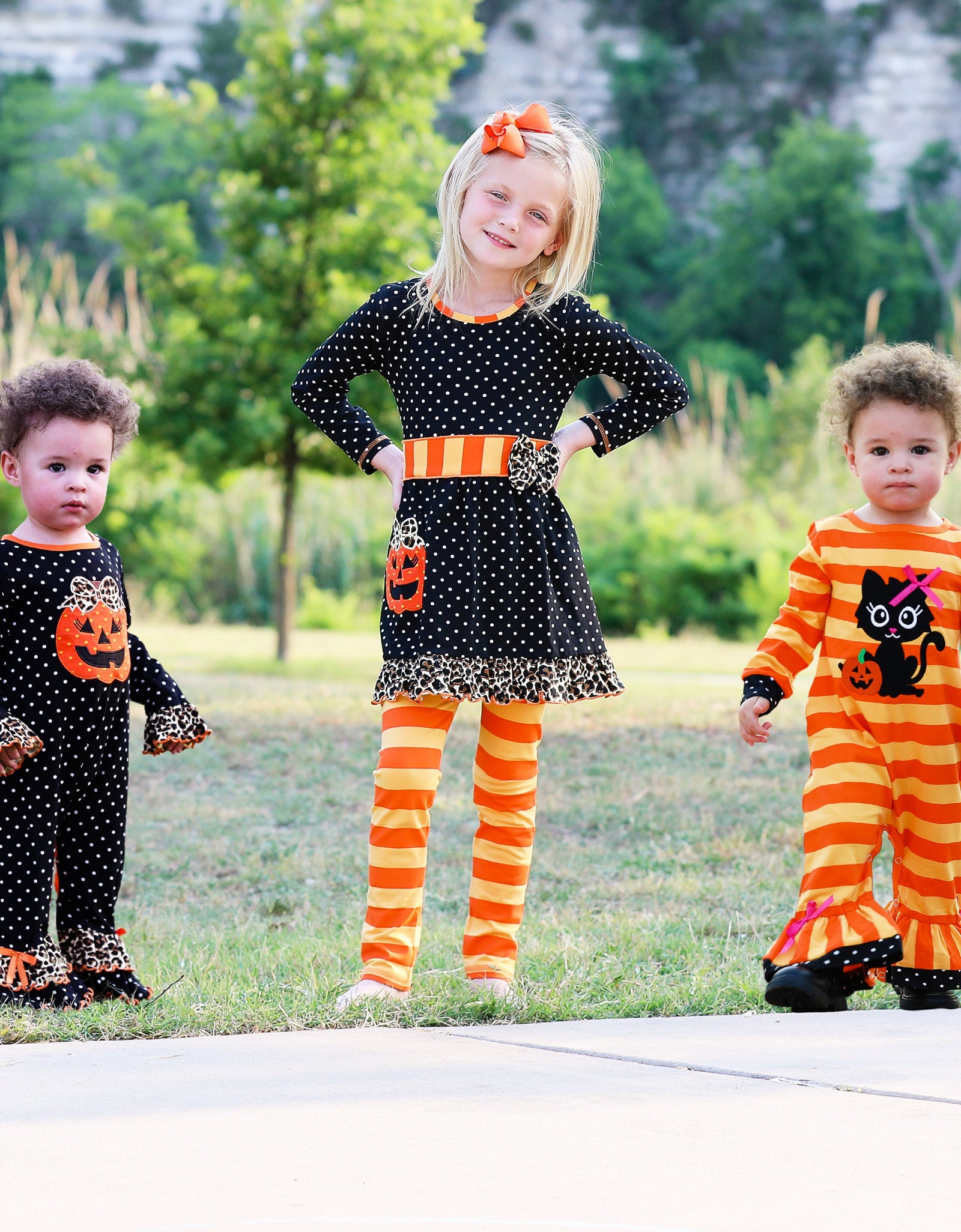 AnnLoren Girls' Halloween Orange Pumpkin Polka Dot Dress & Leggings