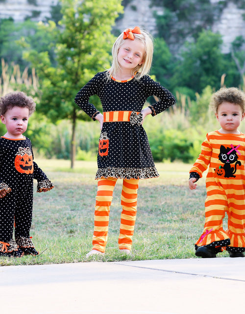 Load image into Gallery viewer, AnnLoren Baby Girls Halloween Sweet Black Cat Orange Cotton Romper
