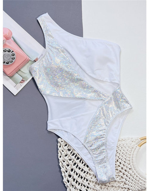 Load image into Gallery viewer, Splicing One Shoulder Shiny Sequins One Piece Swimsuit
