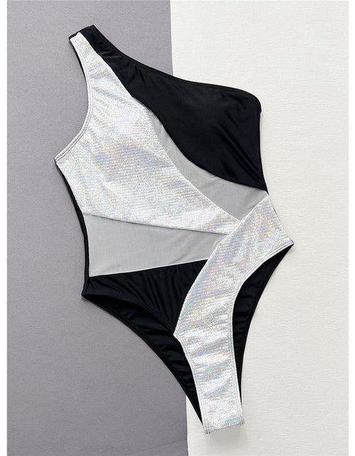 Load image into Gallery viewer, Splicing One Shoulder Shiny Sequins One Piece Swimsuit
