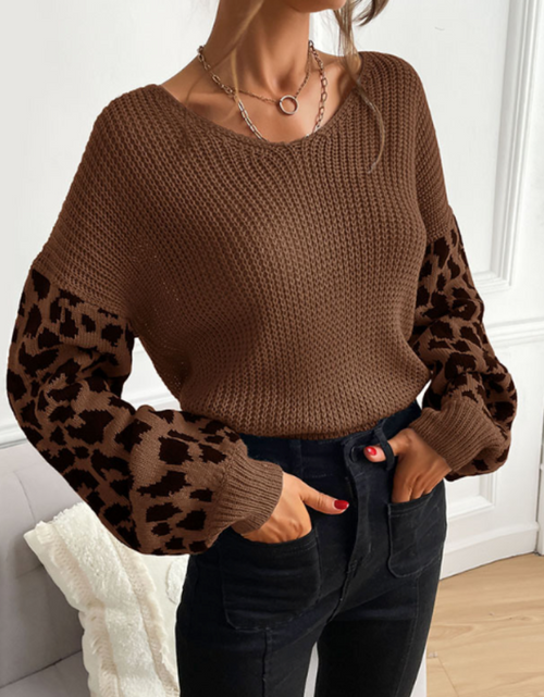 Load image into Gallery viewer, Womens V Neck Sweater With Leopard Print Sleeves
