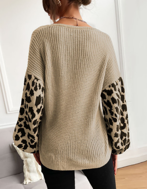 Load image into Gallery viewer, Womens V Neck Sweater With Leopard Print Sleeves
