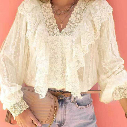 Load image into Gallery viewer, Sexy V Neck Office Lace Blouse Ruffle Tops
